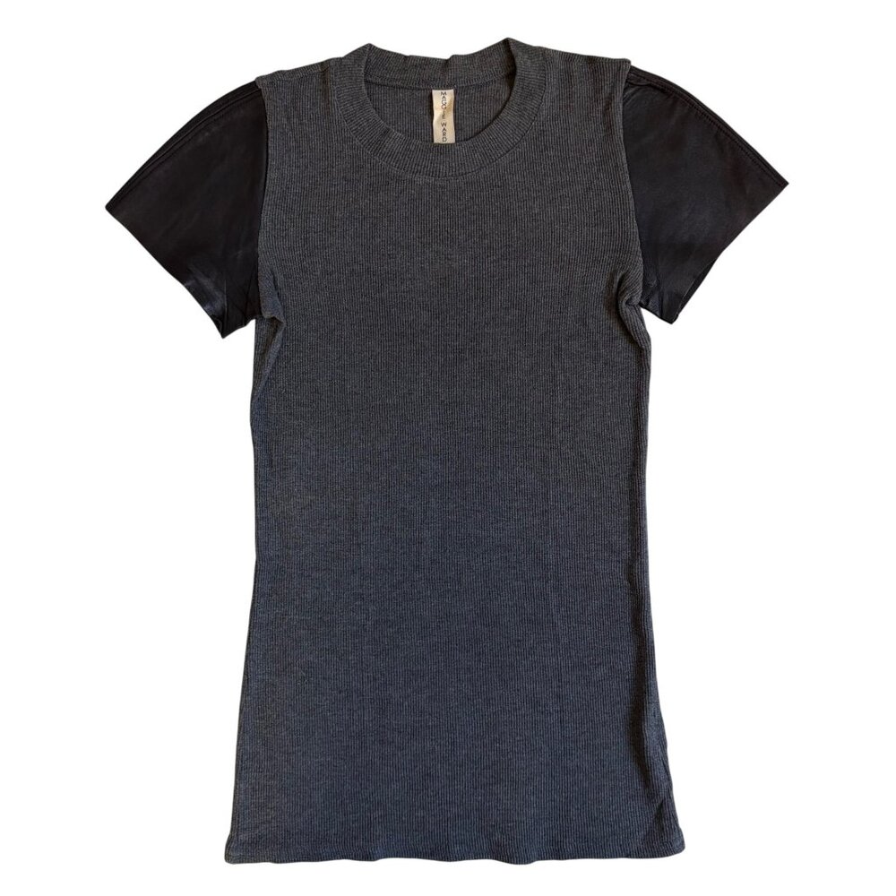 Maggie Ward Short Sleeve T-Shirt With Leather Sleeves (Grey) - Size Medium